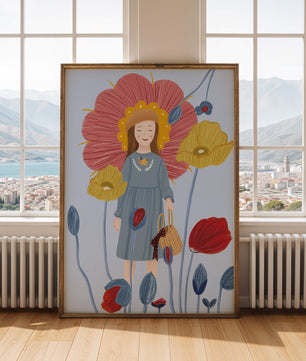 Fille dans un pays des merveilles fleuri avec des couleurs pastel et des fleurs vibrantes