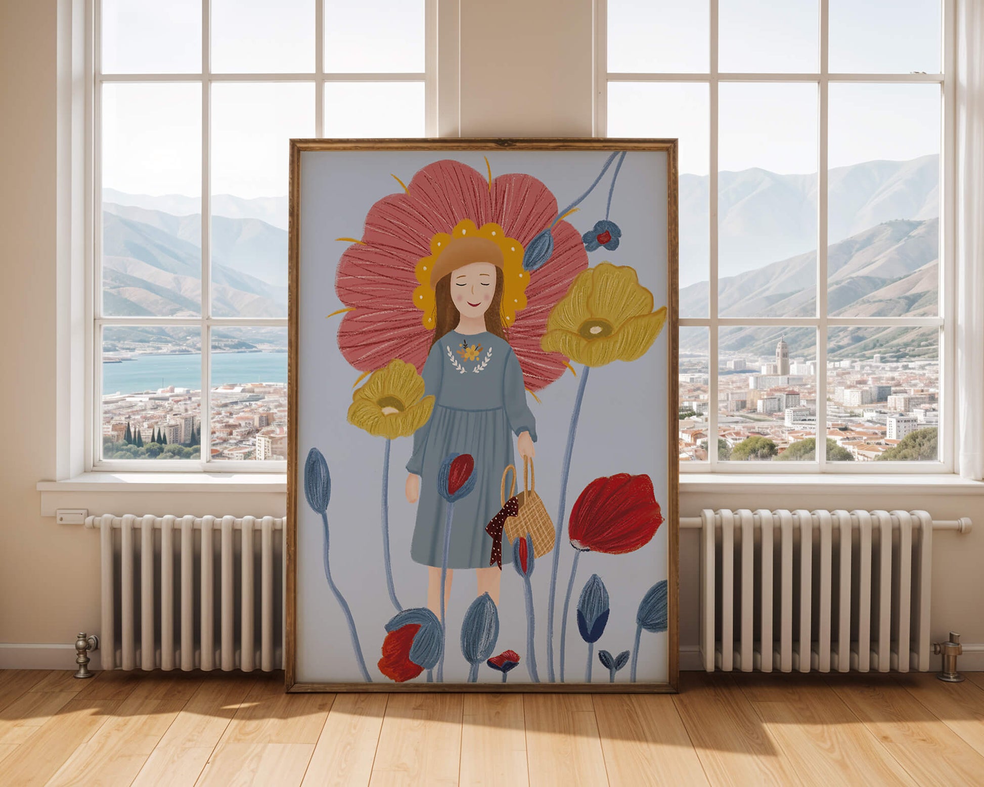 Fille dans un pays des merveilles fleuri avec des couleurs pastel et des fleurs vibrantes
