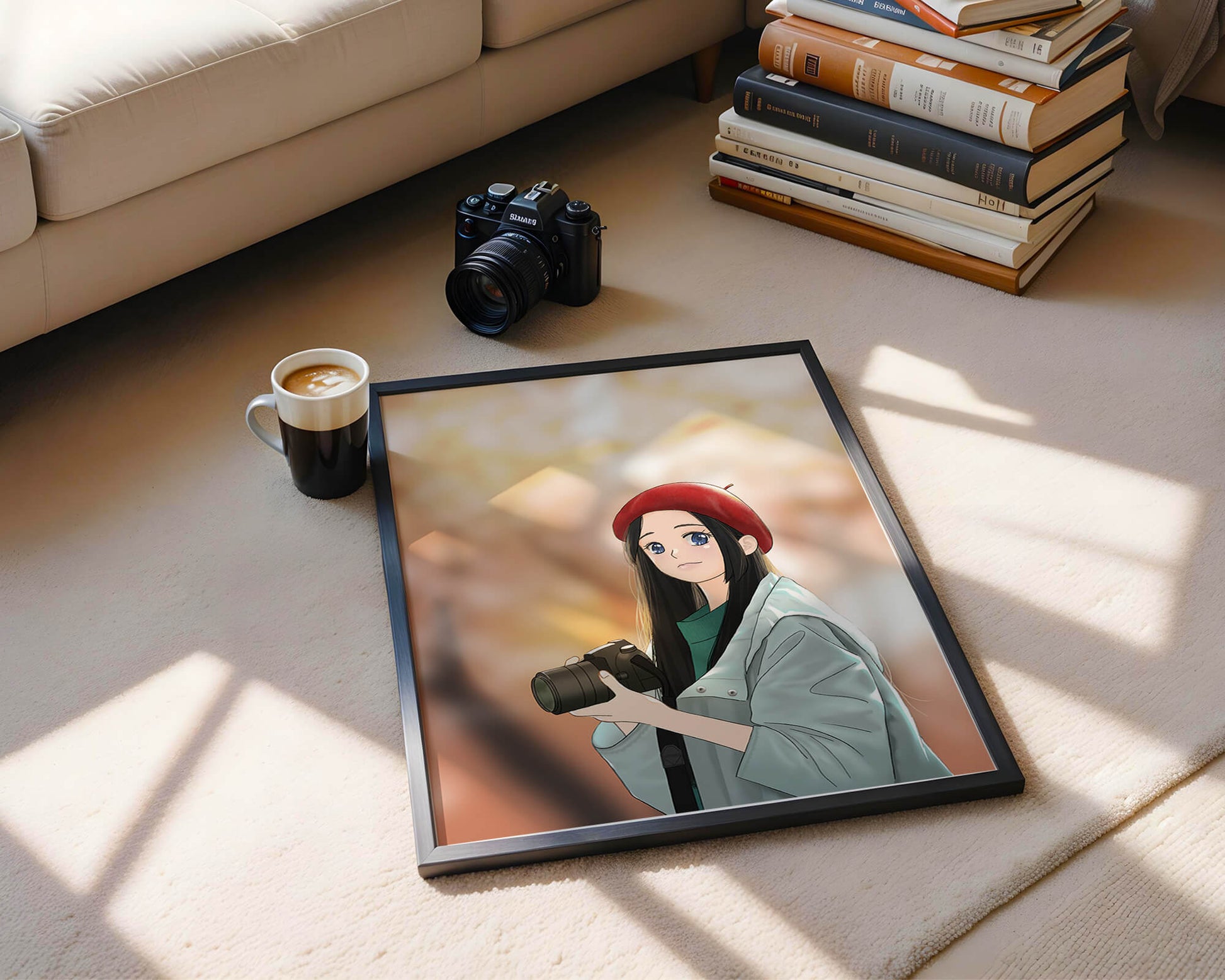 Anime girl in red beret holding camera during autumn