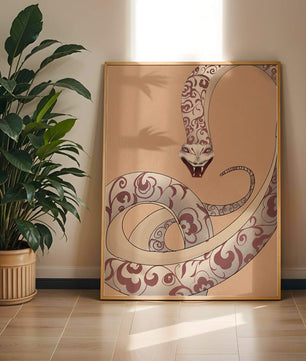 Elegant coiled snake with floral patterns in an artistic composition