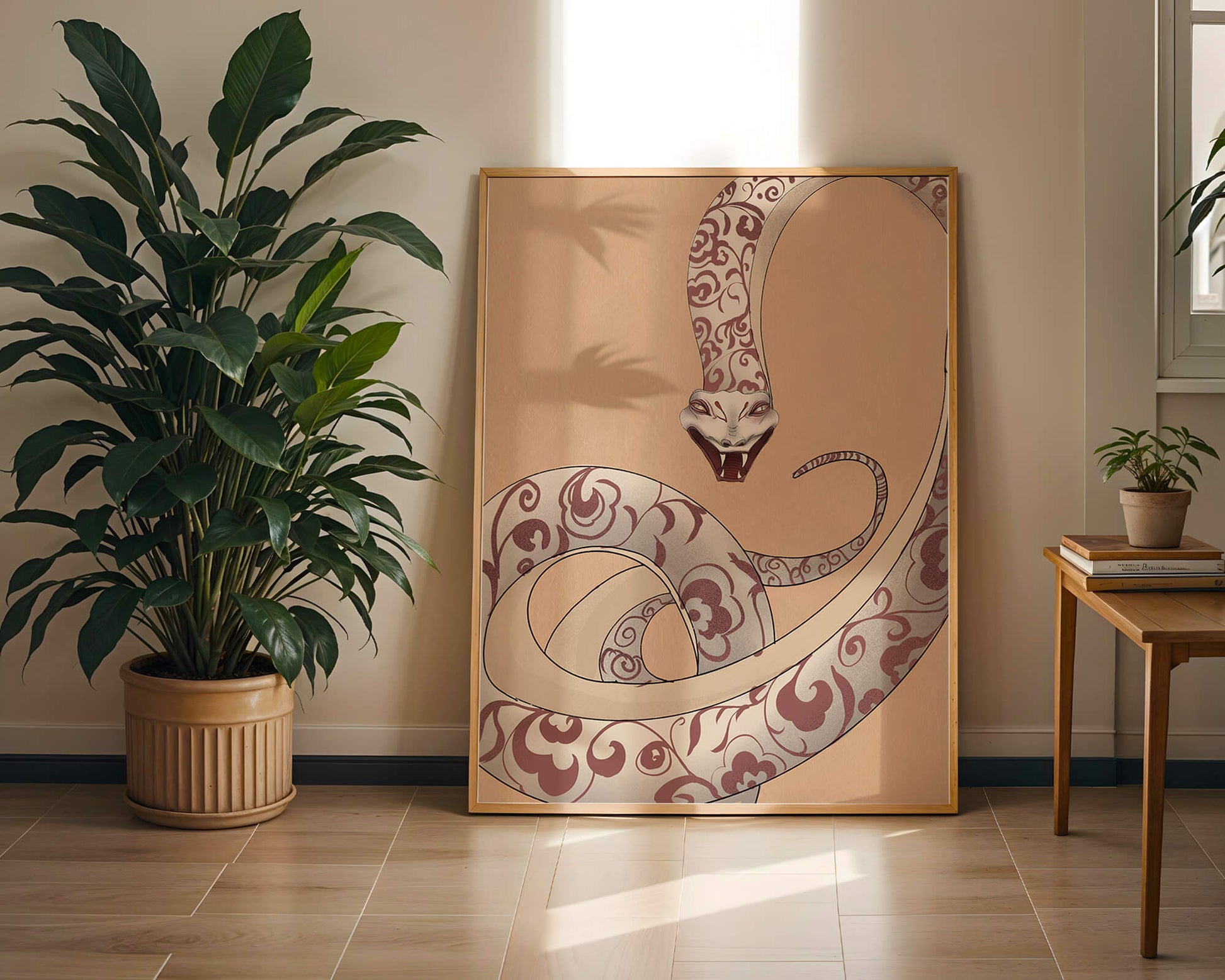 Elegant coiled snake with floral patterns in an artistic composition