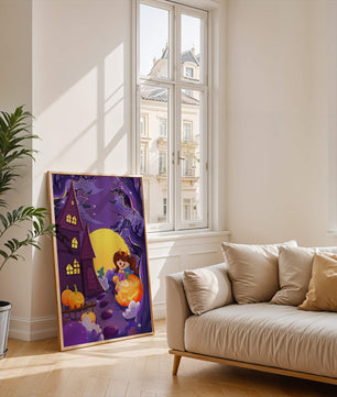 Charming Halloween scene with a girl on a pumpkin near a haunted house