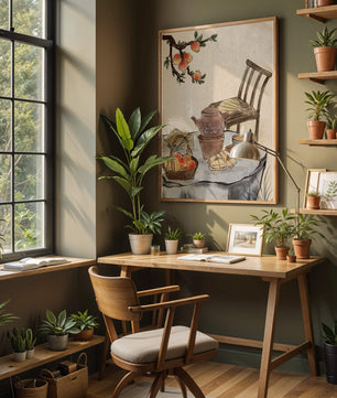 Peinture à l’aquarelle d’un moment de dégustation de thé avec des fruits et une chaise en bois