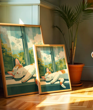 Peaceful Cat Napping by the Window with Sunlit Garden View - Mi tienda