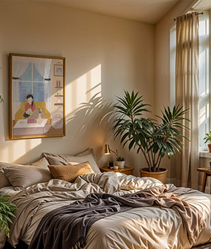 Cozy living room with a girl and a dog on a yellow sofa