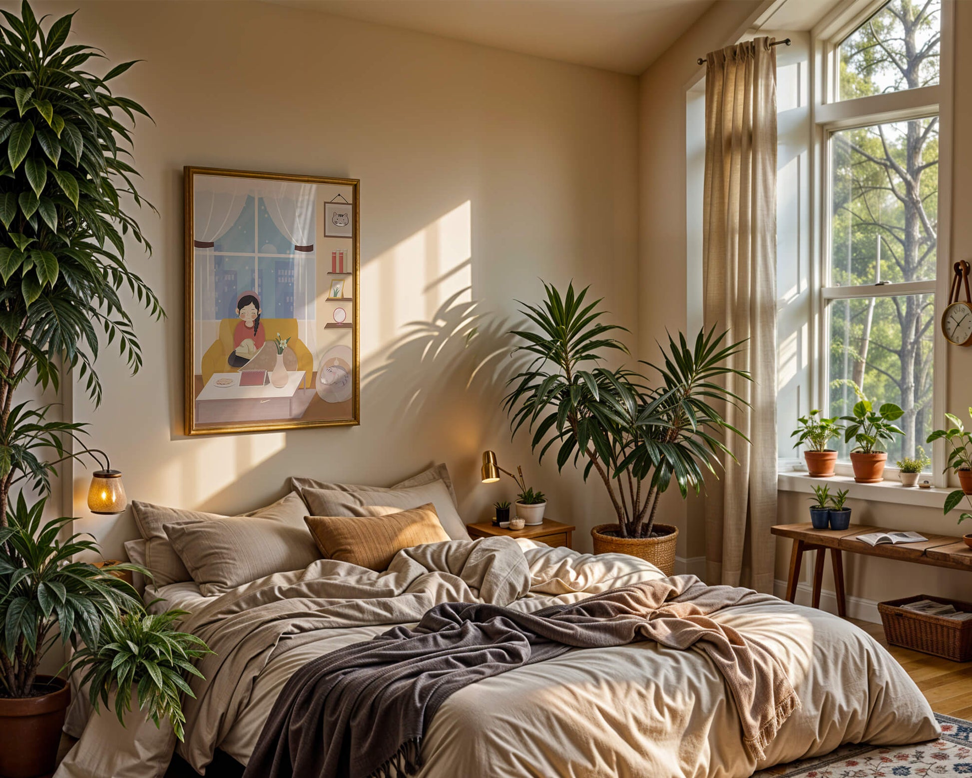 Cozy living room with a girl and a dog on a yellow sofa