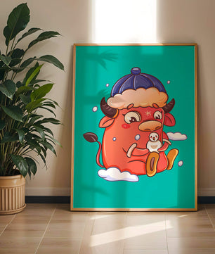 Winter cow cartoon with snowman on turquoise background