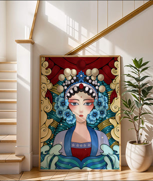 Traditional Asian Portrait with Vibrant Colors and Floral Details