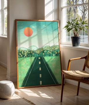 Serene Landscape with Road Leading to Sunset and Lush Greenery