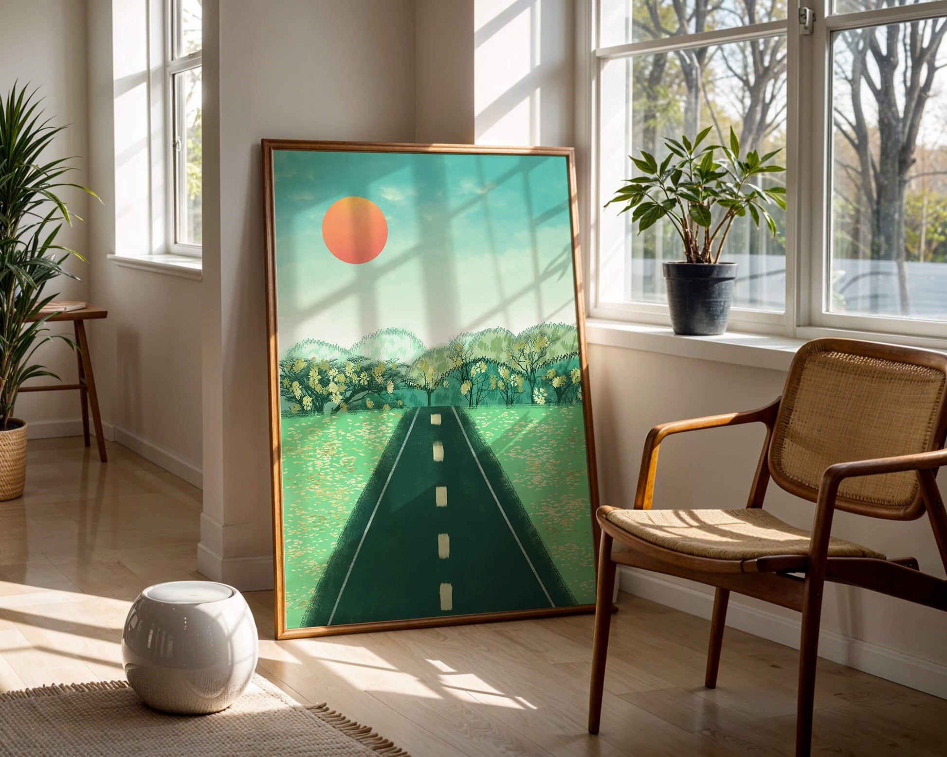 Serene Landscape with Road Leading to Sunset and Lush Greenery