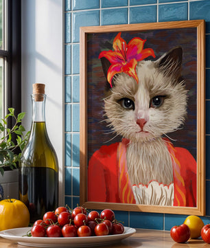 Retrato de gato con acentos de flores vibrantes y atuendo colorido
