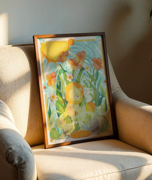 Charming watercolor illustration of lion and rabbit in a vibrant floral landscape