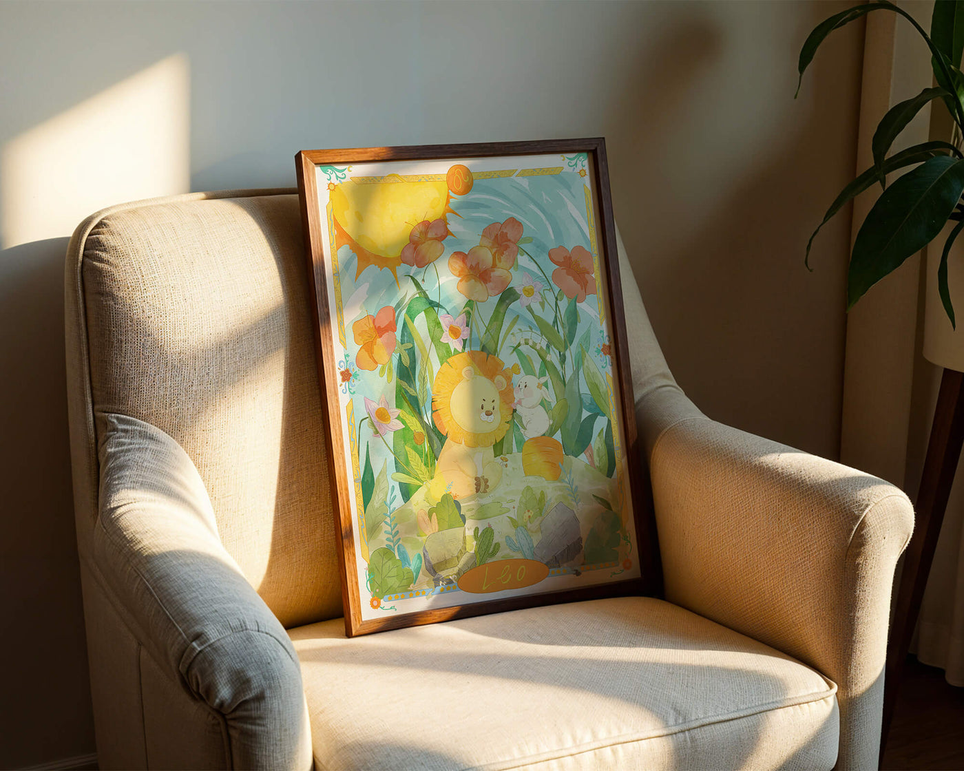 Charming watercolor illustration of lion and rabbit in a vibrant floral landscape