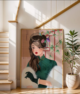 Elegant woman in vintage attire with netted hat and floral elements