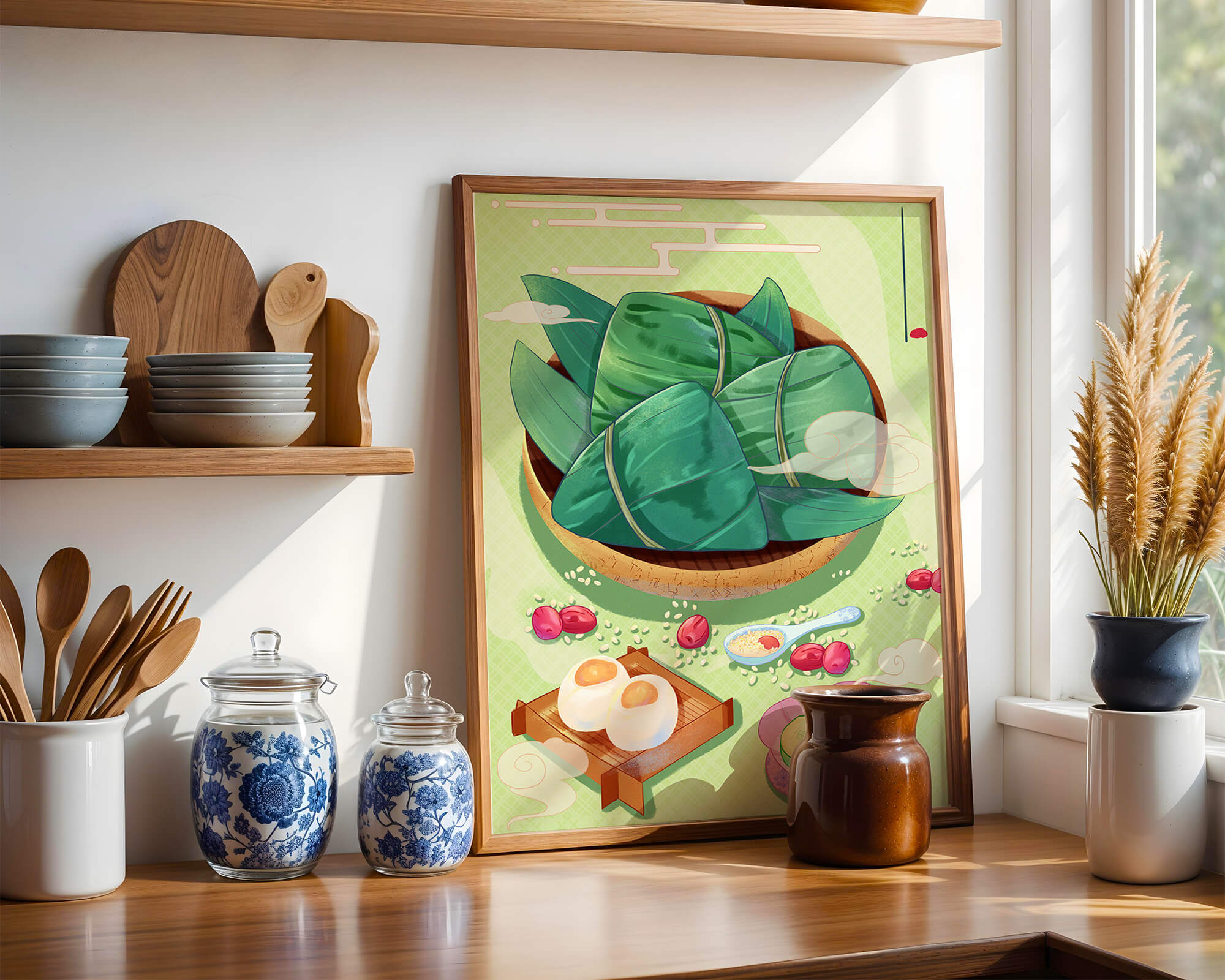 Traditional Asian food illustration with rice dumplings and mooncakes on a green background