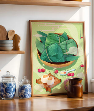 Traditional Asian food illustration with rice dumplings and mooncakes on a green background