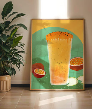 Illustrated tropical passion fruit drink with fresh slices