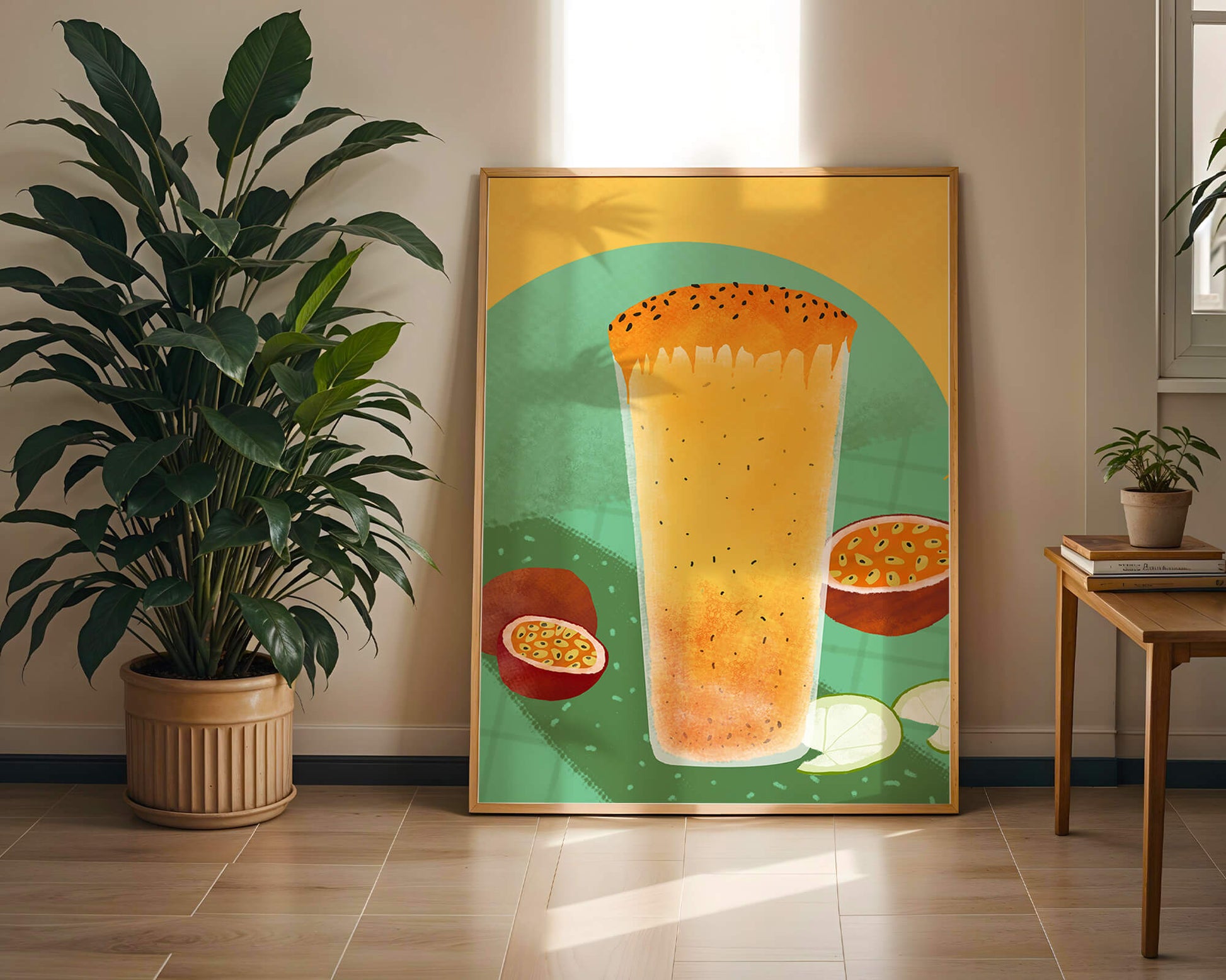 Illustrated tropical passion fruit drink with fresh slices