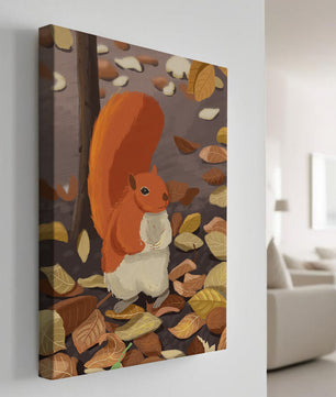 Ilustración de una ardilla adorable entre hojas de otoño