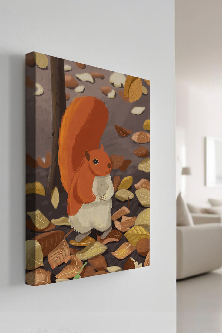 Illustration of a cute squirrel among autumn leaves