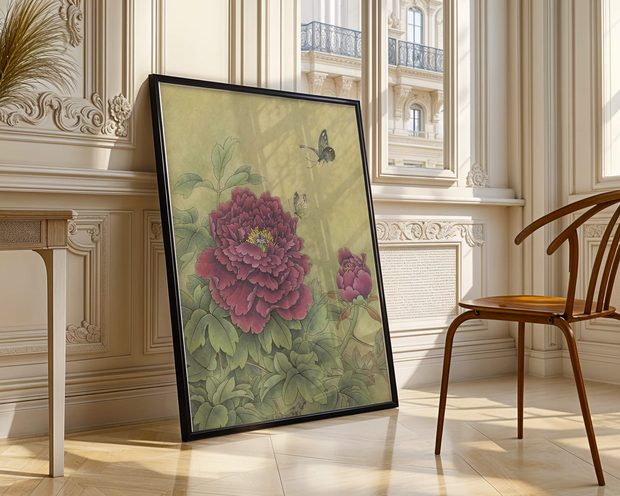 Delicate peonies with butterflies in a serene natural setting