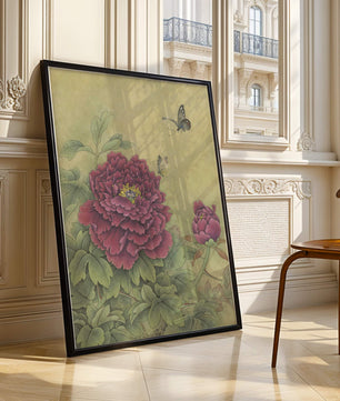 Delicate peonies with butterflies in a serene natural setting