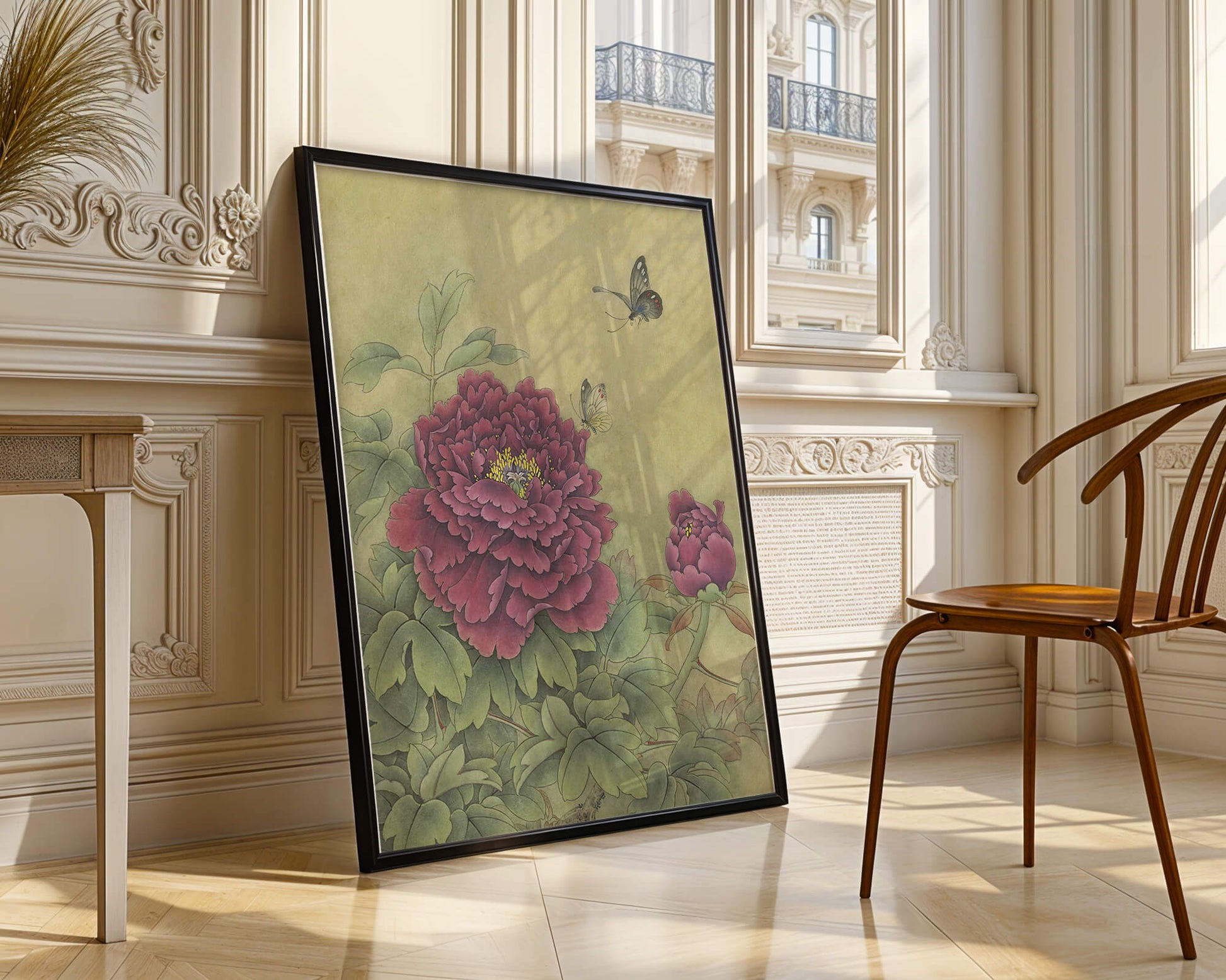 Delicate peonies with butterflies in a serene natural setting