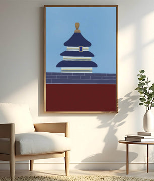 Ilustración abstracta del Templo del Cielo con detalles azules y dorados