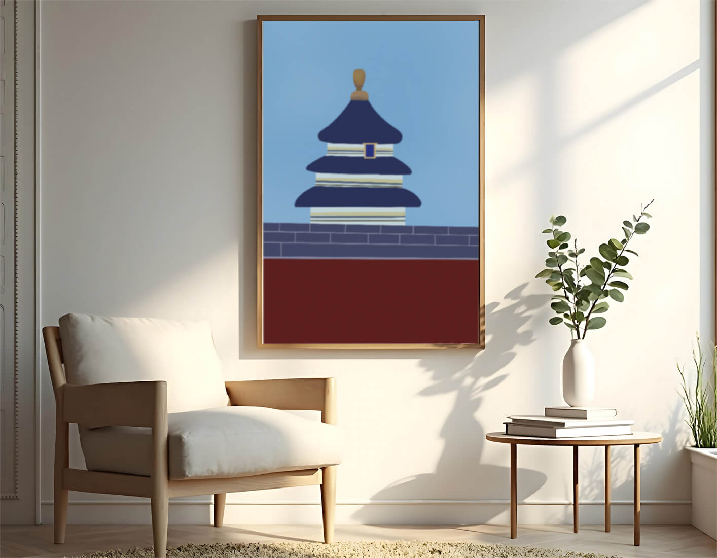 Ilustración abstracta del Templo del Cielo con detalles azules y dorados