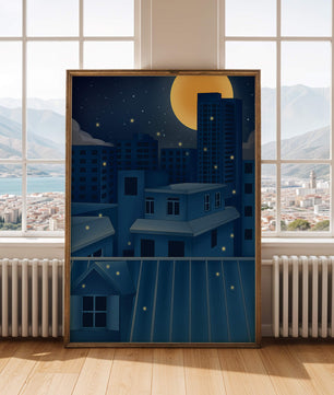 Night Urban Skyline Under a Starry Sky with Bright Full Moon