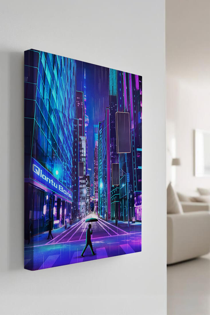 Futuristic urban street scene with neon lights and rainy atmosphere