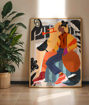 Colorful abstract fashion illustration with floral and geometric elements