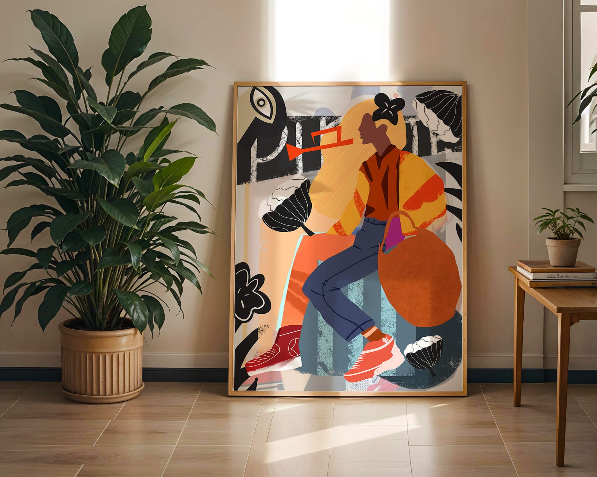 Colorful abstract fashion illustration with floral and geometric elements