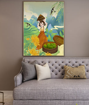 Young girl with basket in vibrant mountain landscape with birds and flowers
