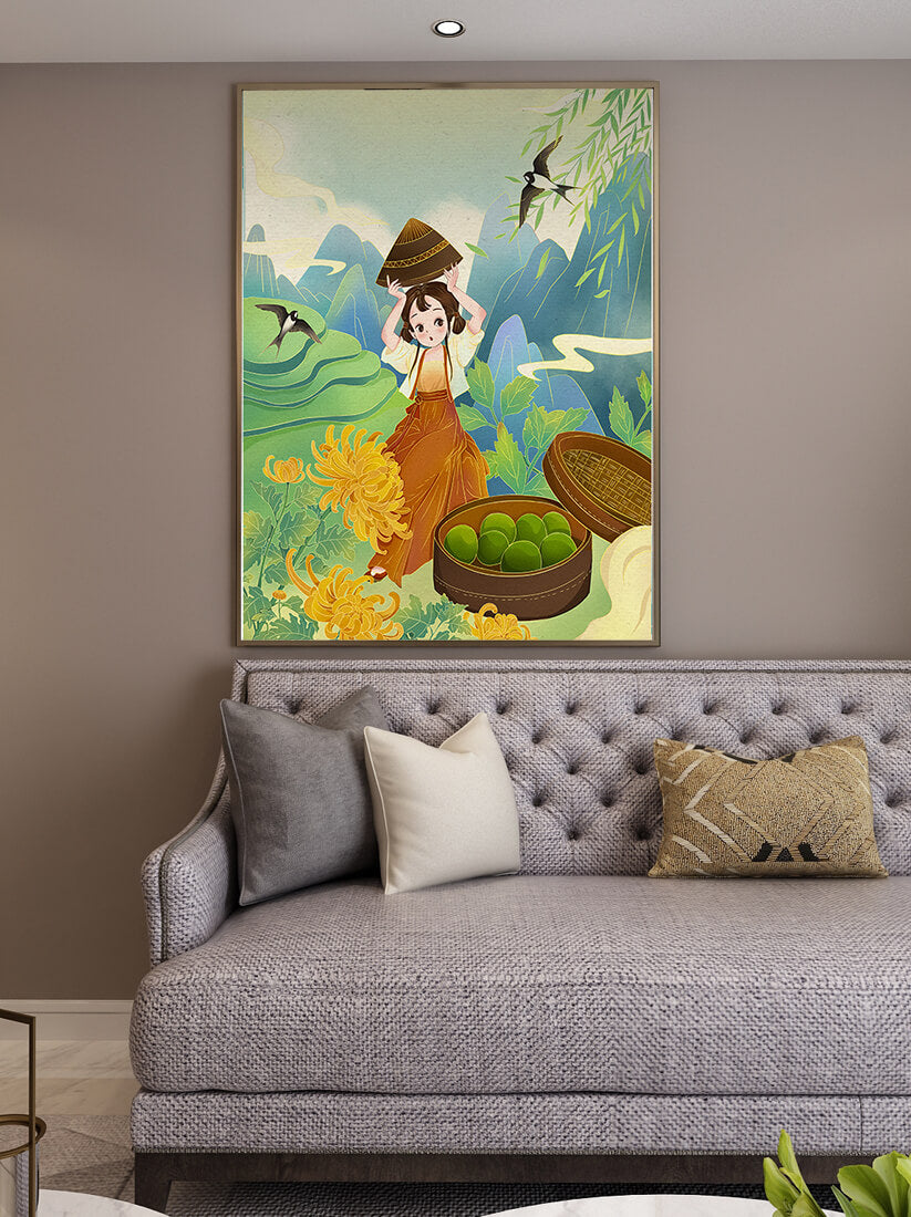 Young girl with basket in vibrant mountain landscape with birds and flowers