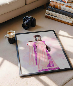 Illustration élégante à l’aquarelle d’une femme traditionnelle en tenue rose