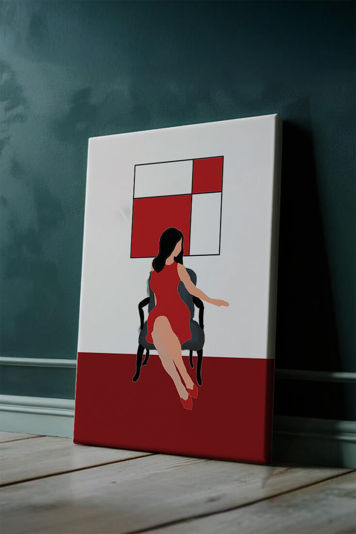 Mujer abstracta en vestido rojo sentada en una silla con arte geométrico en la pared