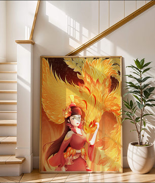 Elegante Darstellung einer Frau mit einem feurigen Phönix
