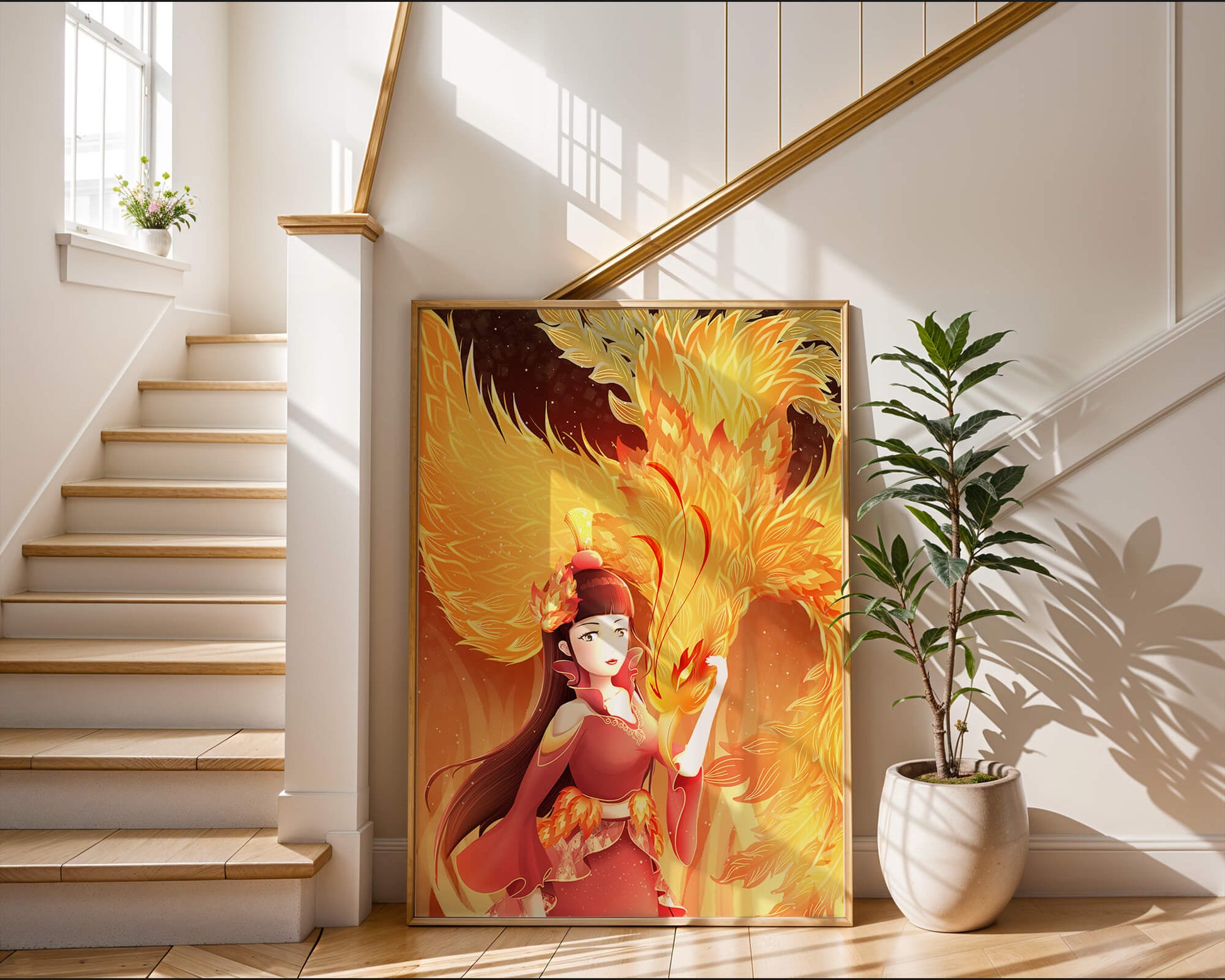 Elegante Darstellung einer Frau mit einem feurigen Phönix