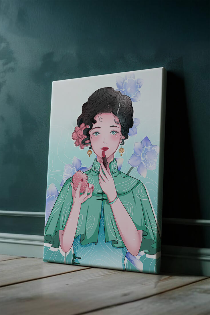 Woman applying lipstick with elegant floral background