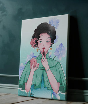Woman applying lipstick with elegant floral background
