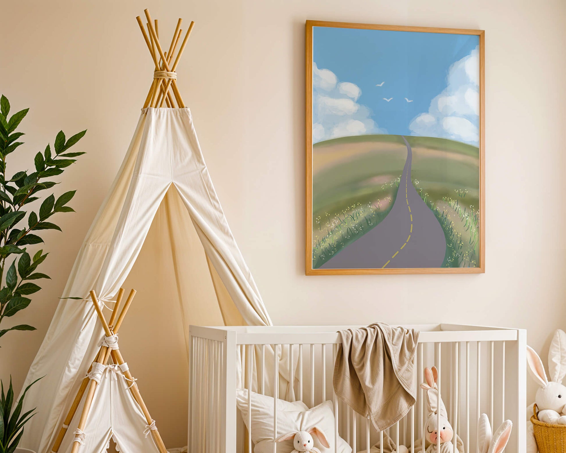 Serene countryside road with vibrant sky and rolling hills