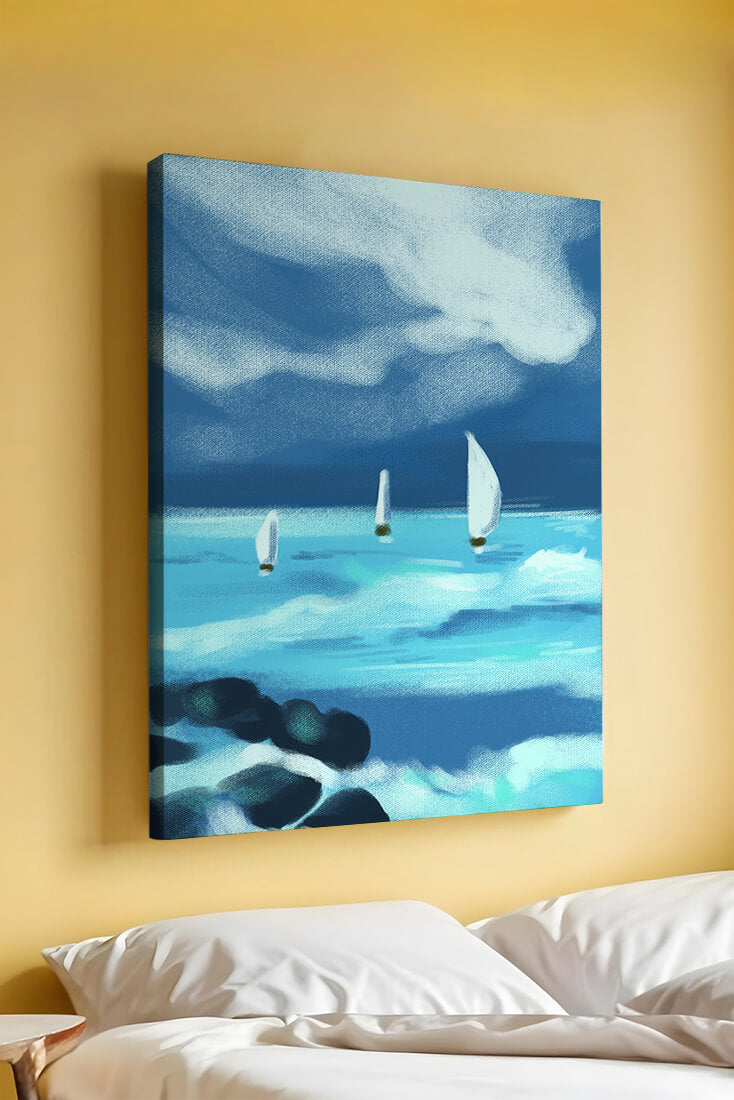 Seascape with sailboats navigating blue waves under a dramatic sky