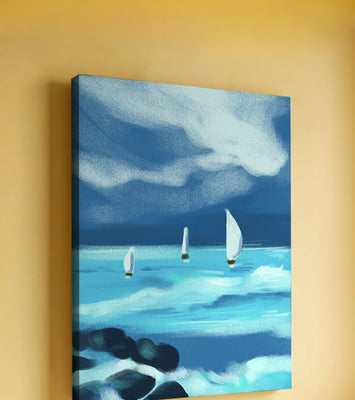 Seascape with sailboats navigating blue waves under a dramatic sky