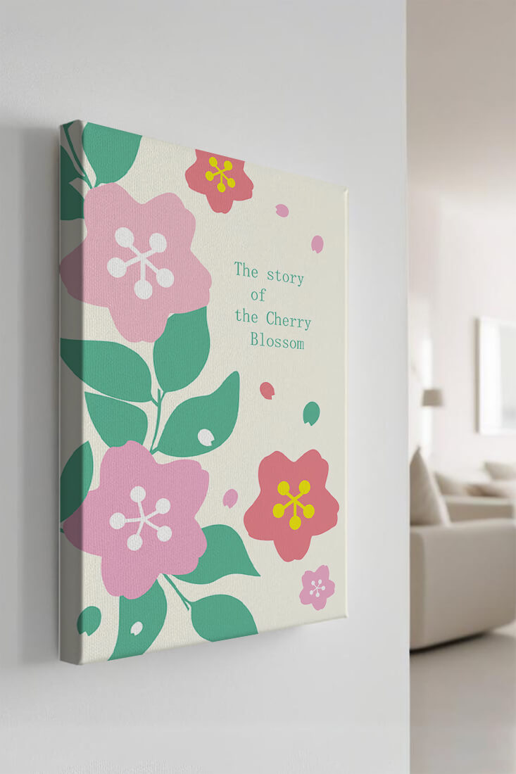 Floral illustration with cherry blossoms and green leaves