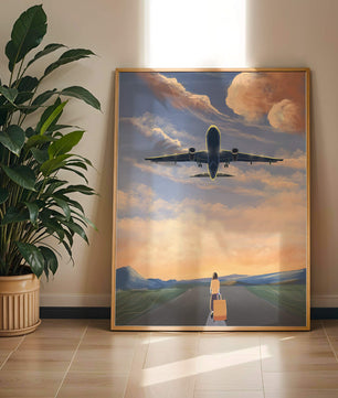 Serene airport departure with airplane and traveler at sunset