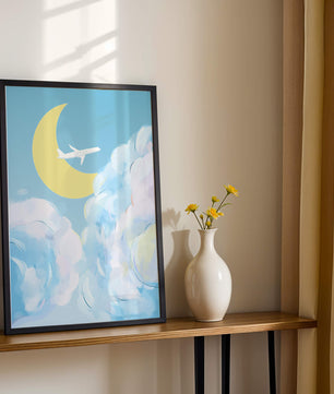 Ilustración de cielo panorámico con avión y luna creciente