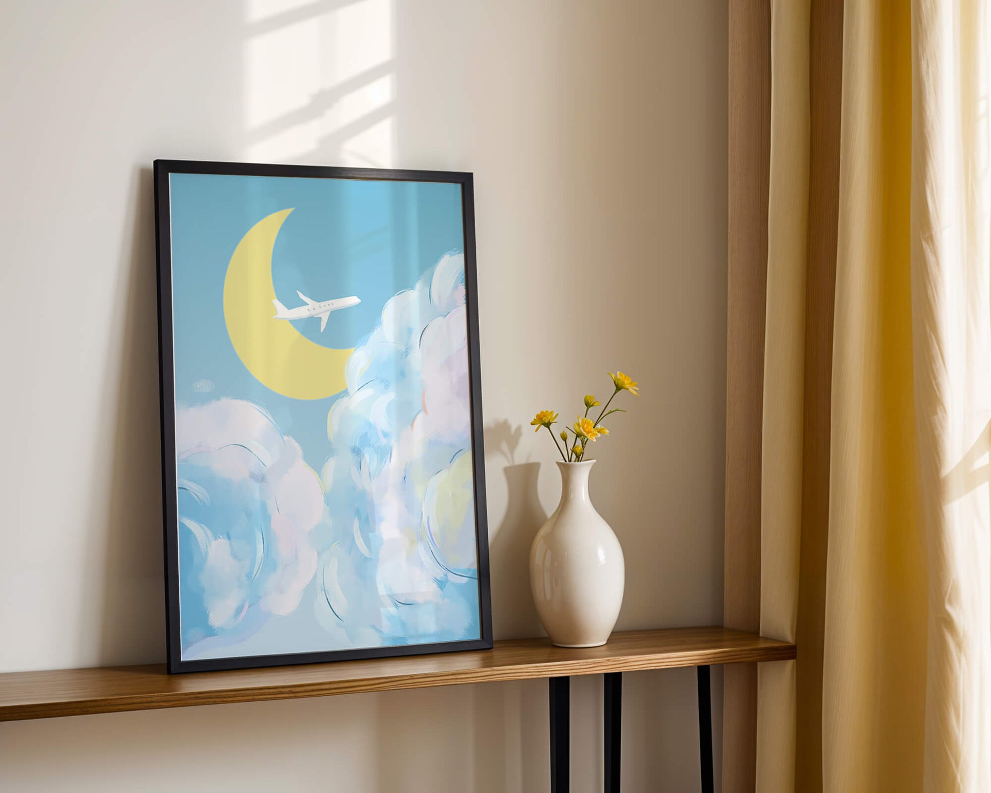 Scenic sky illustration with airplane and crescent moon