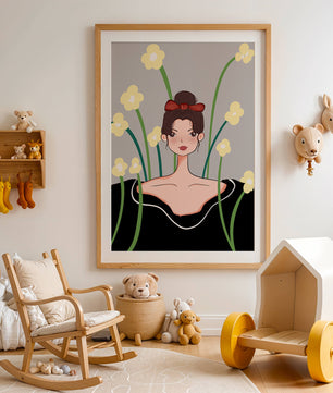 Ilustración de una mujer con fondo floral y lazo rojo