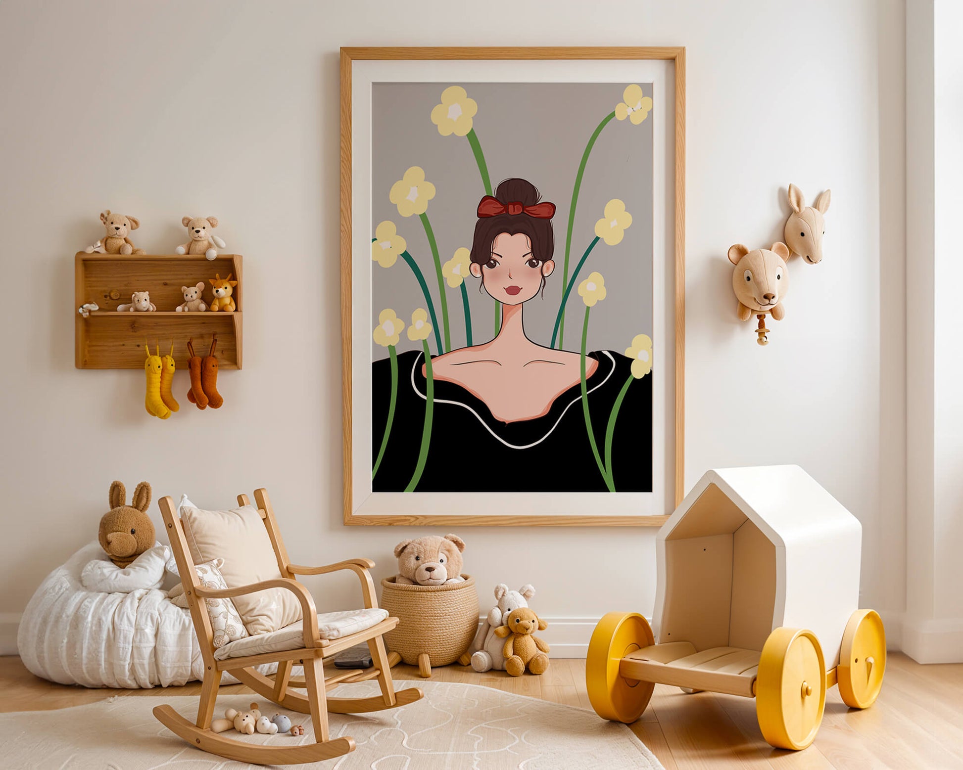 Illustration of a woman with floral background and red bow